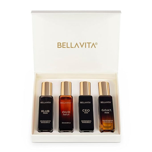 Bella Vita Luxury Long Lasting Men Gift Set | Perfume for Man | 4x20ml | Gifts for Men | Woody, Citrusy, Oud, Premium Fragrance Scent | KLUB, OUD, CEO, G.O.A.T